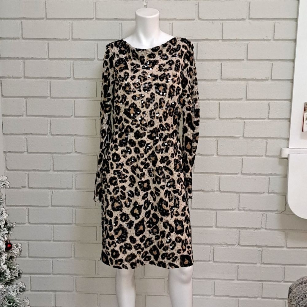Antonio Melani Brown Leopard Print Sequin Formal Dress. Size 8 NWOT